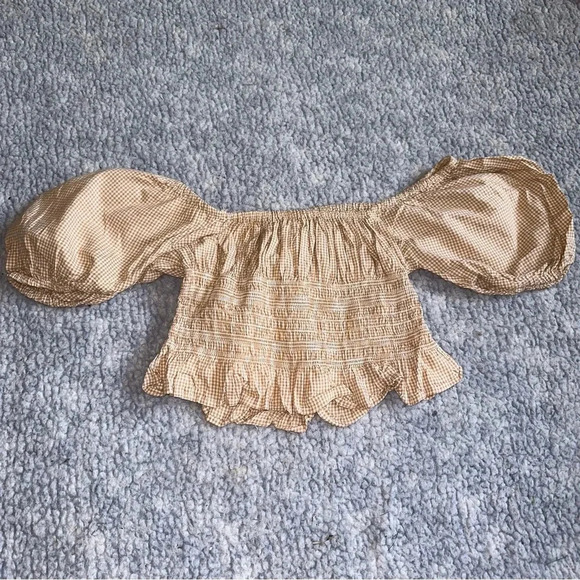 Japna Tan Plaid Cropped Blouse Size M - Picture 2 of 6